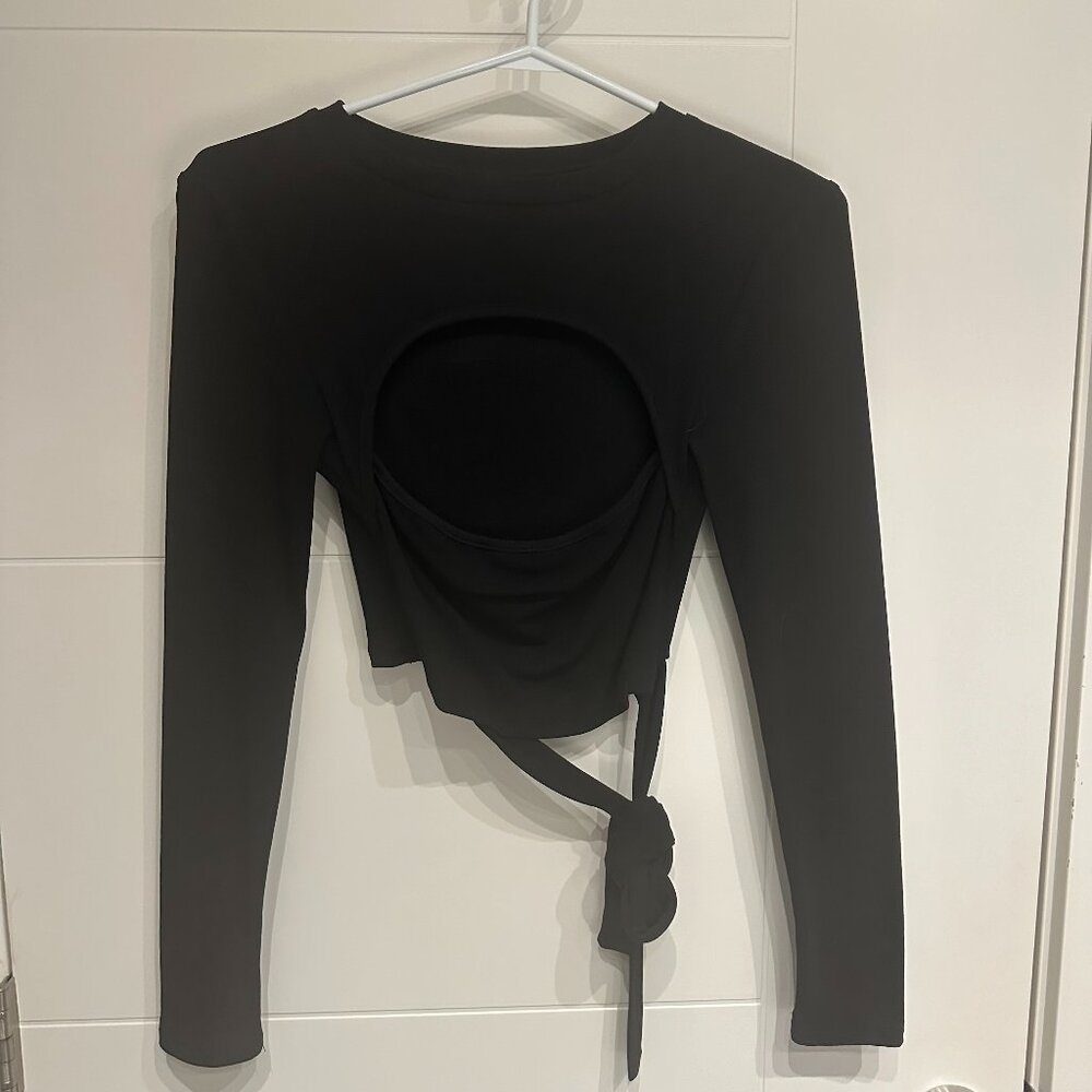 Black Cut Out Long Sleeve Wrap Tie Shirt